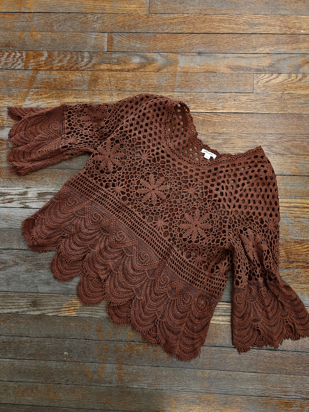 Ultra Pink Brown Crochet Lace Bell Sleeve Top